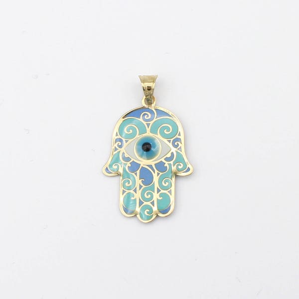 14k Yellow Gold + Turquoise Swirl Hamsa Evil Eye Pendant with Enamel Finished