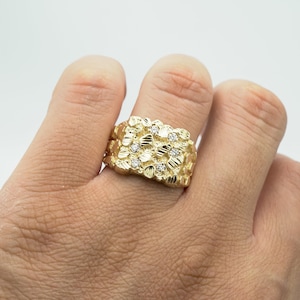 Real Solid Gold Nugget Ring Pinky Ring with Natural Diamonds 10K 14K