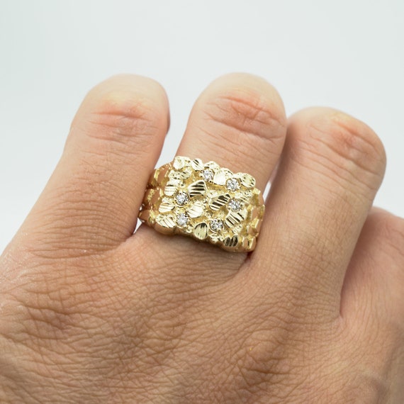Solid 14K Yellow Gold Diamond Cut With Diamond CZ Nugget Ring - Etsy