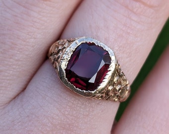 Antique Chased Floral Ring with Cushion Synthetic Ruby 14k Gold