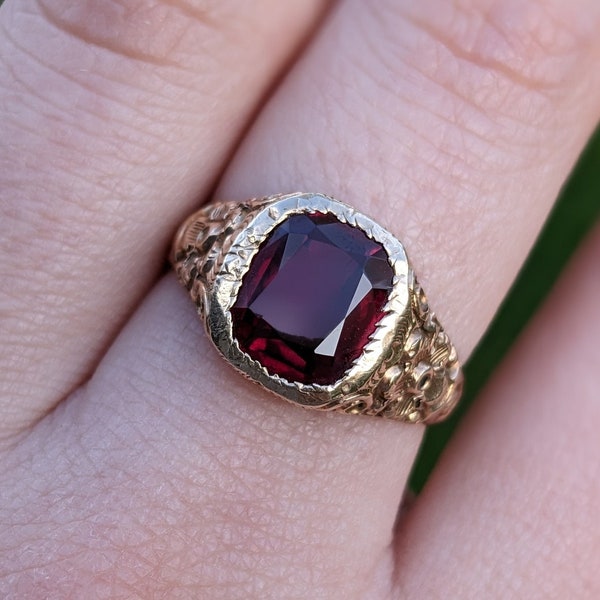 Antique Chased Floral Ring with Cushion Synthetic Ruby 14k Gold