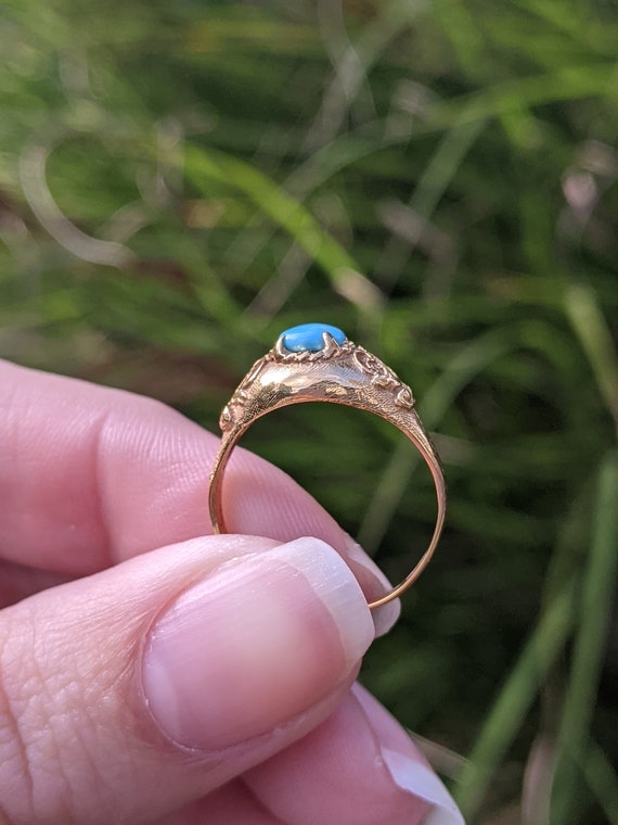 Vintage 1950s 14k Turquoise Dome Ring with Filigr… - image 10