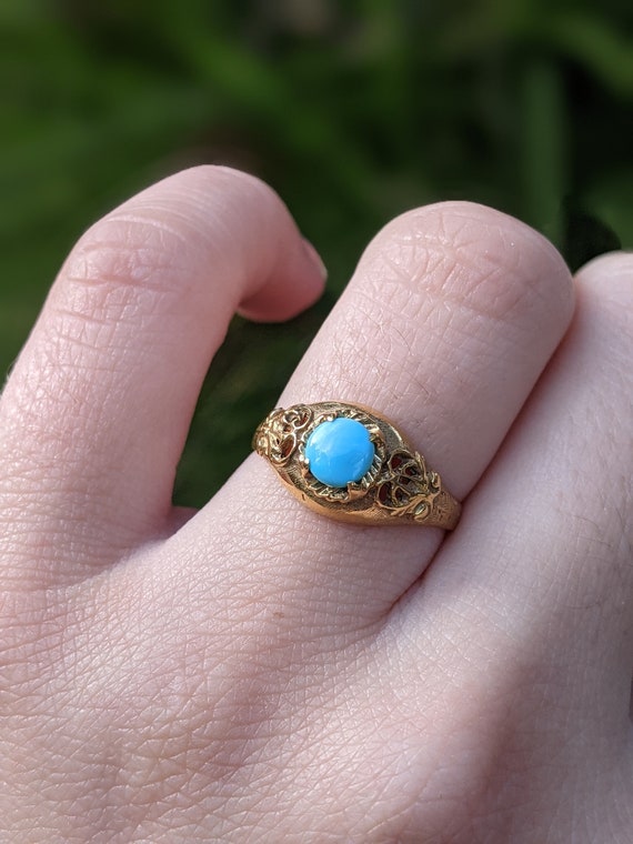 Vintage 1950s 14k Turquoise Dome Ring with Filigr… - image 7
