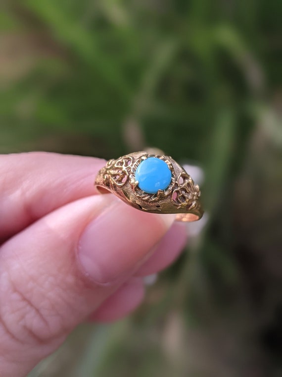 Vintage 1950s 14k Turquoise Dome Ring with Filigr… - image 9