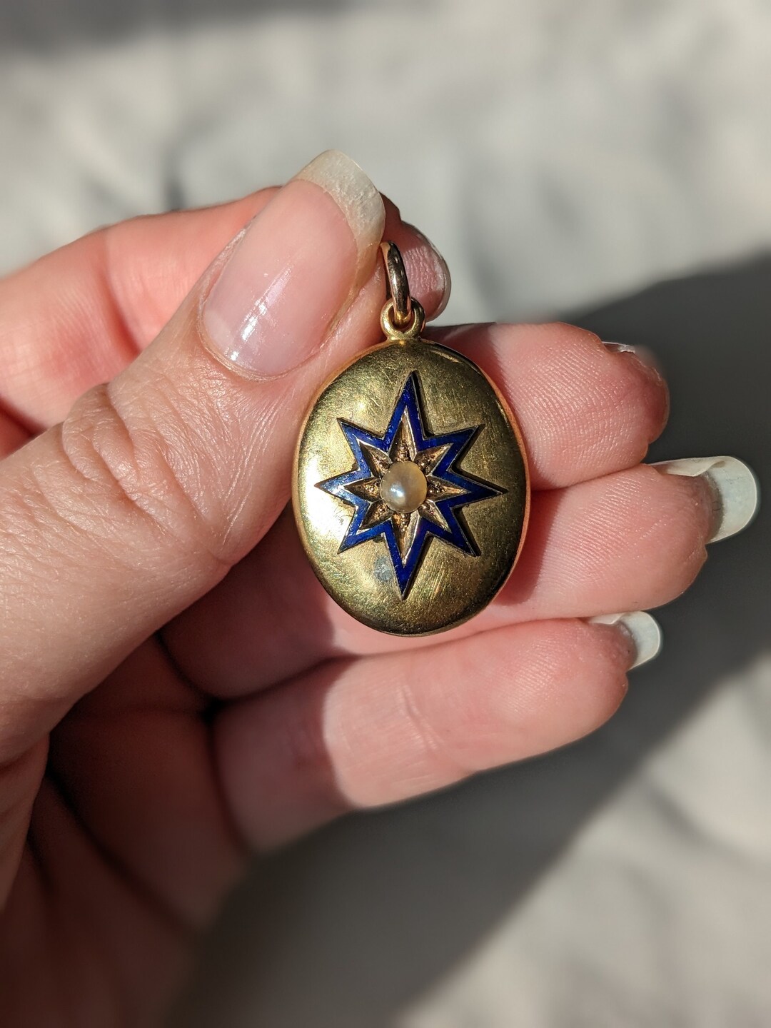 Locket Back Antique Victorian Locket Back Pendant in 14k Gold With Pearl and Blue ...