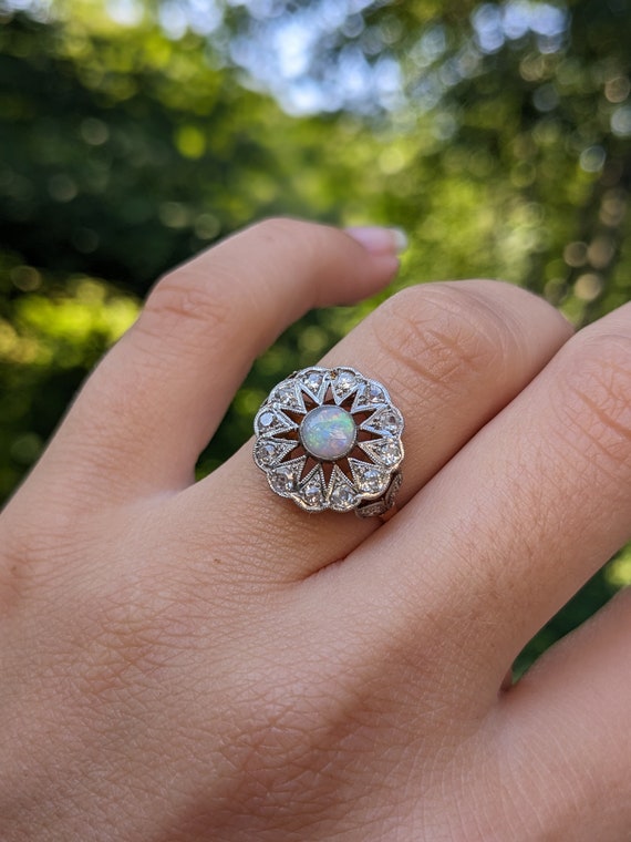 Vintage Opal and Diamond Pierced Cluster Ring in 1