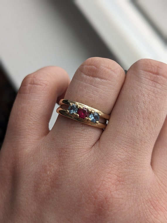 Vintage Ruby and Blue Spinel Three Stone Ring in 1