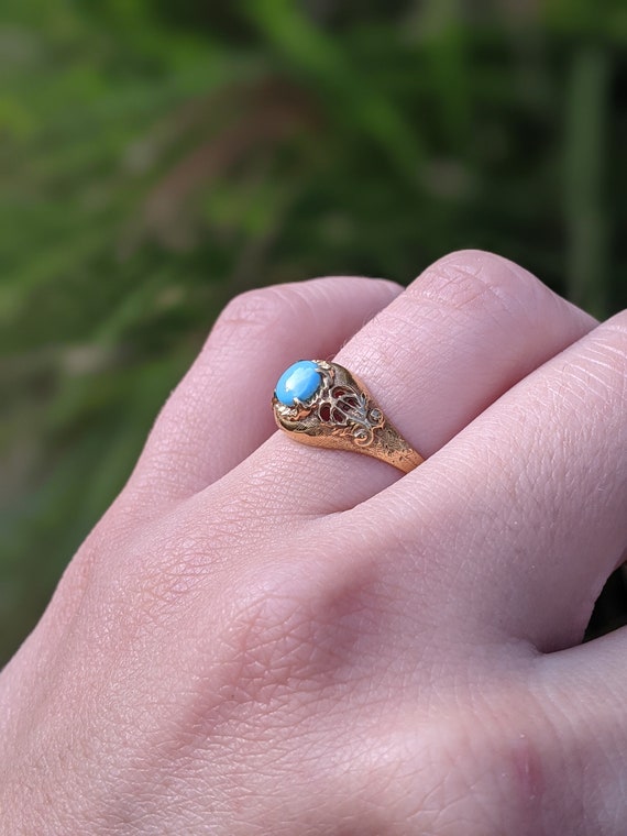 Vintage 1950s 14k Turquoise Dome Ring with Filigr… - image 8