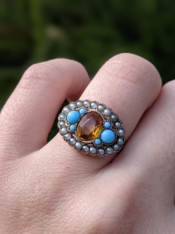 Antique Citrine Turquoise and Seed Pearl Ring Late