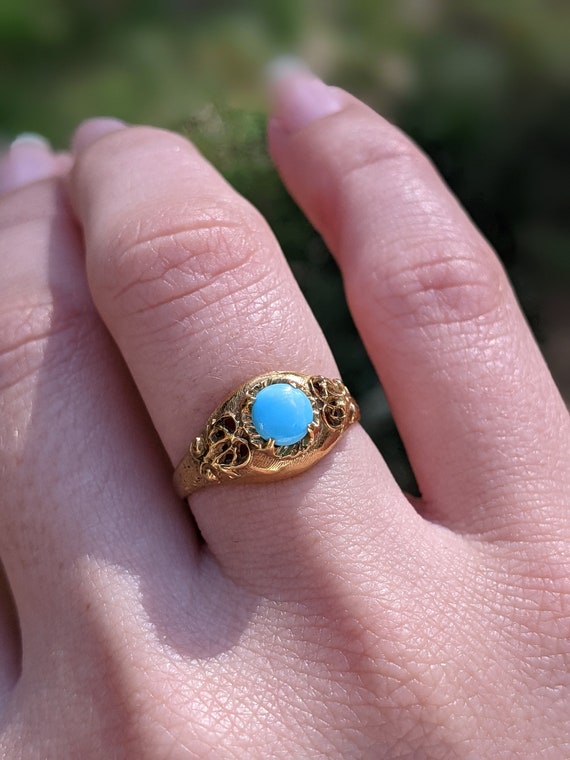 Vintage 1950s 14k Turquoise Dome Ring with Filigr… - image 2