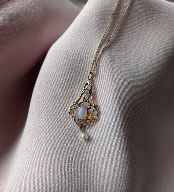 Art Nouveau Opal and Pearl Lavalier - image 1