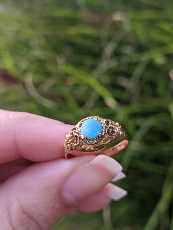 Vintage 1950s 14k Turquoise Dome Ring with Filigr… - image 1
