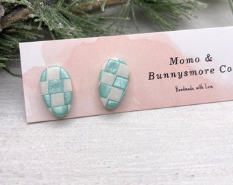 teal stud earrings, unique earrings, teal and white jewelry, spring earrings, checkerboard pattern, polymer clay earrings