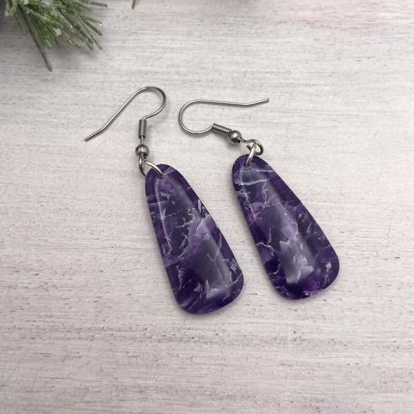 Purple dangle earrings, unique statement jewelry, lightweight, purple marble, earrings for mothers day, polymer clay