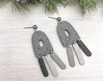 Gray dangle earrings, organic shape earrings, unique statement earrings for her, birthday present for wife, textured clay