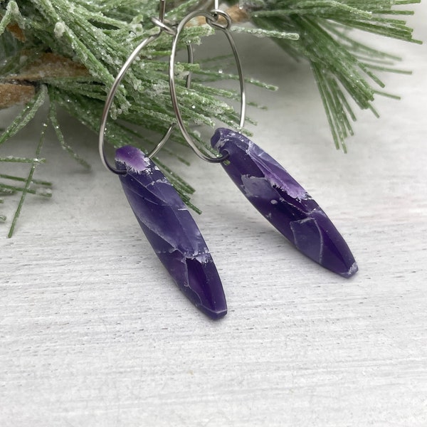 Purple dangle earrings, unique statement jewelry, lightweight, purple marble, earrings for mothers day, polymer clay