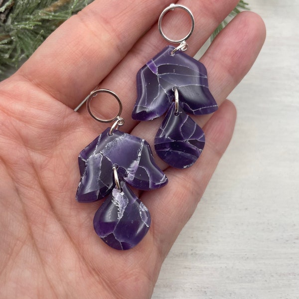 Purple dangle earrings, unique statement jewelry, lightweight, purple marble, earrings for mothers day, polymer clay