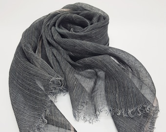 Bufanda de lino natural / Color gris oscuro / Bufanda larga suave y ligera / Con flecos