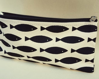 10pcs - Hand Printed Cotton Zipper Pouch, Fish Design, Cosmetic Bag