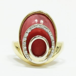 Coral Diamond Circles Oval Statement Cocktail Ring, 18k Yellow Gold, Size 9.5