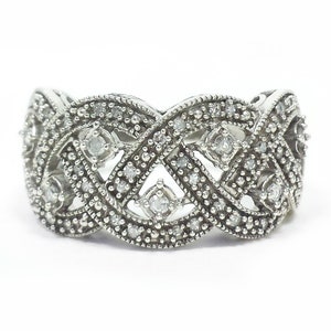 Diamond Overlapping Braid Filigree Sterling Silver 925 Crossover Ring Size 7