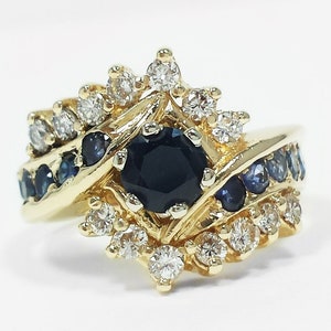 Blue Sapphire Round Cut Diamond Bypass Cocktail Ring 14k Yellow Gold Size 7