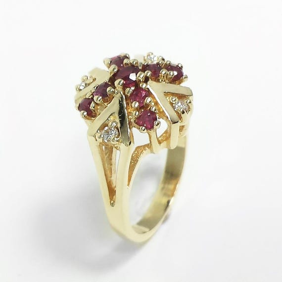 Natural Ruby & Diamond Round Cluster Cocktail Flo… - image 6