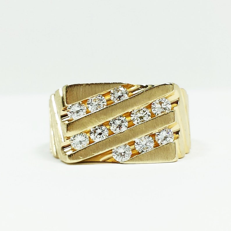 Men's Diamond Diagonal Rectangle Channel Signet Wedding Band Ring 14k ...