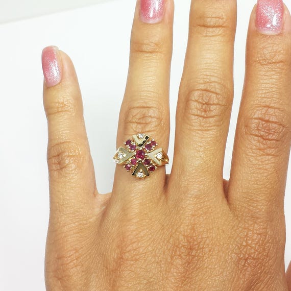 Natural Ruby & Diamond Round Cluster Cocktail Flo… - image 10