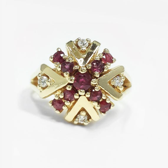 Natural Ruby & Diamond Round Cluster Cocktail Flo… - image 1