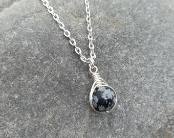 Snowflake Obsidian Necklace, Silver Wire Wrapped Pendant, Black and White Gemstone, Natural Crystal Jewellery, Handmade Gift