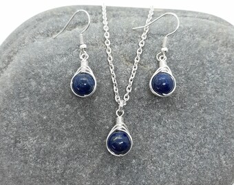 Lapis Lazuli Necklace and Earrings Set, Silver Wire Wrapped Pendant and Earrings, Blue Gemstone Jewellery, September Birthstone, Gift