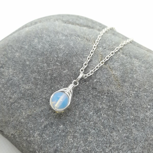 Opalite Necklace, Wire Wrapped Pendant, Minimal Opal Birthstone Jewellery, Single Stone Necklace, October Birthday Pendant Gift