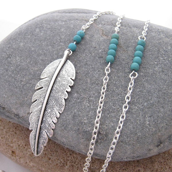 Feather Turquoise Gemstone Long Y Necklace, 2017 Jewellery Trend, Statement Necklace, Boho Necklace, Lariat Necklace, Gift for Her