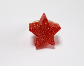 Small Chunky Glittery light Red Resin Star Ring