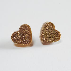 Glittery Gold Heart Earrings with Sterling Silver Posts and Backs