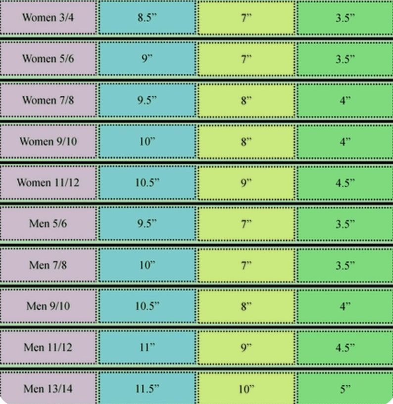 May include: A chart showing shoe sizes for women and men. The chart lists shoe sizes in increments of 1/2 size, from 3 1/4 to 13 1/4. The chart also shows the corresponding foot length in inches.