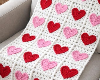 Easy crochet Heart Granny Square Afghan blanket Pattern PDF Tutorial Valentines Day