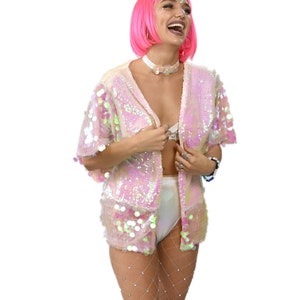 Sequin Jacket in Pink Iridescent - Short Sleeve / Fully lined / POCKETS / Bridal / Burlesque / Pastel Goth / Rave