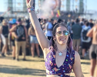 Womens Rave Wrap Top Purple Cosmic Pizza Print | Festival EDM Clothing | Double Strap Tie Top | Party Rave Fashion | Bexi Apparel