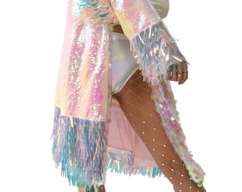 Sequin Kimono Jacket Rave Outfit - Pink Iridescent Pastel Sequins - Mariée / Alternative / esthétique / Rave / Festival / Séquence