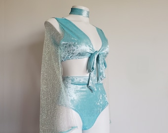 Blue Velvet Rave Set | Bell Sleeve Wrap Top, Bikini Bottoms & Choker | EDM Festival Outfit | Handmade Rave Clothing