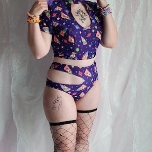 Womens Rave Bikini Bottoms - Purple Cosmic Pizza Booty Shorts with Cutout - High Waist - Music Festival / Party / Couples Outfit / Plus