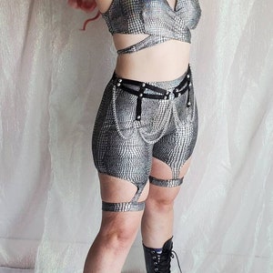 Womens Rave Shorts - Holographic Silver Snake Biker Shorts with Garter - High Waist - Music Festival / Plus Size / Party / Couples Outfit