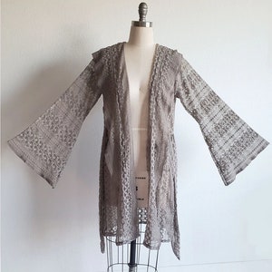 Grey Sheer Lace Duster Jacket - Long Sleeved with Hood and Belt - Renaissance Fair / Fairy / Hippy / Festival / Boho / Cardigan