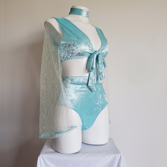 Blue Velvet Rave Set | Bell Sleeve Wrap Top, Bikini Bottoms & Choker | EDM Festival Outfit | Handmade Rave Clothing