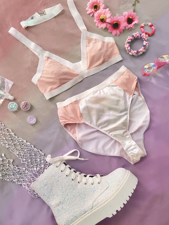 Iridescent Mesh Rave Outfit White & Pink Bralette / High Waist Panty /  Iridescent Trim / Bridal / Lingerie /kawaii / Pastel -  Norway