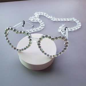 Clear Rhinestone Heart Glasses - SALE - Iridescent with Necklace Chain - Rave / Music Festival / Concert / Cosplay / Bachelorette / Costume