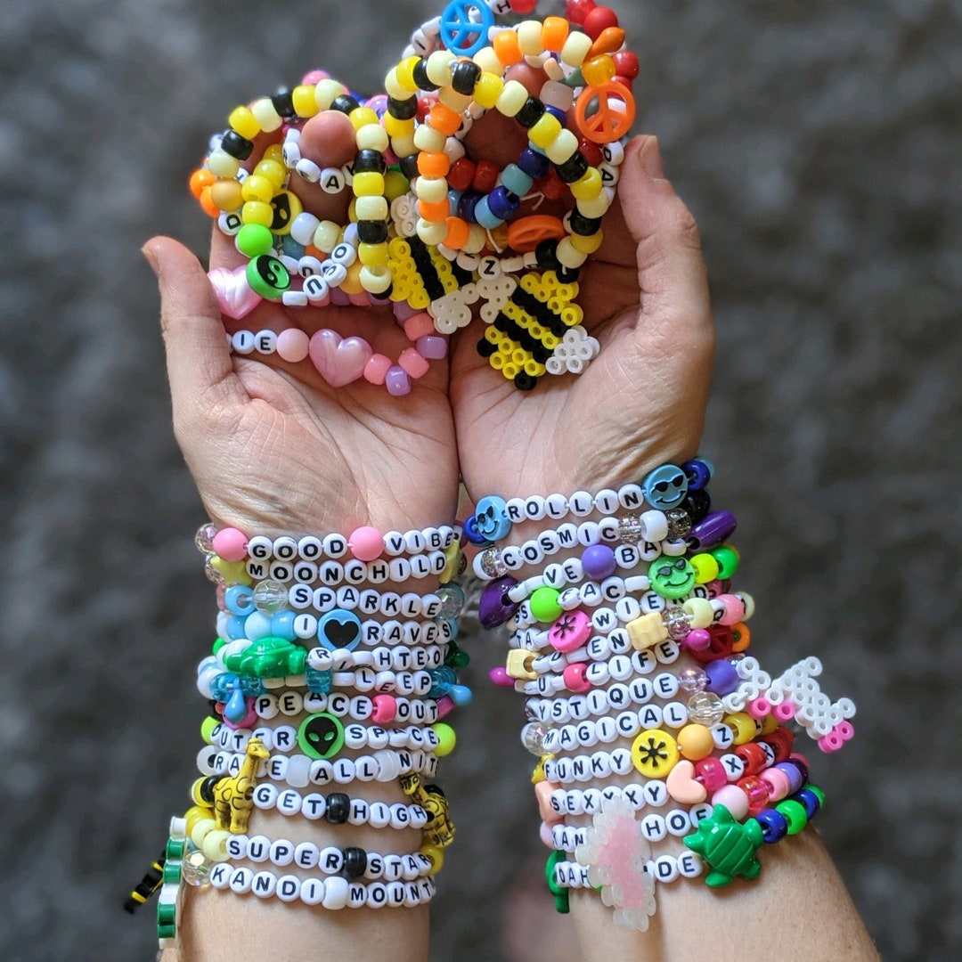 19 KANDI BRACELETS - RAVE / EDM / PLUR / FESTIVAL - Multicolored Pony Beads