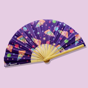 Large Rave Hand Fan - COSMIC PIZZA - Large Festival Accessory for Raves, Concert, Club, Party, Photoshoot , Purple & Navy, Funny